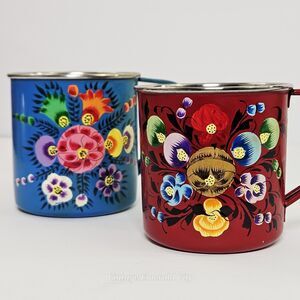 Vtg Indian Hand Printed Stainless Steel Beer Mugs Floral Design Coffee Cup Set 2